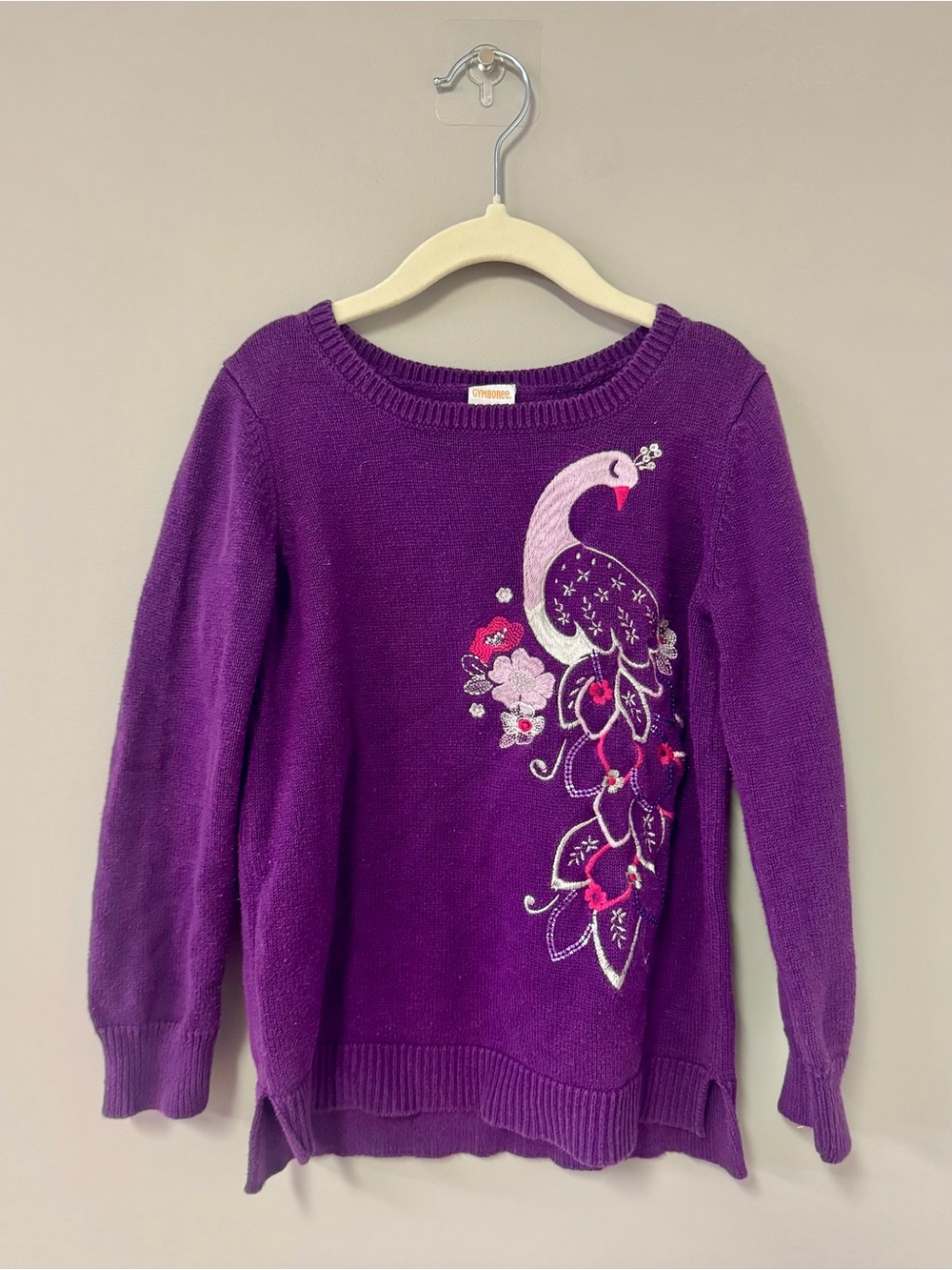 Gymboree Purple Crewneck Sweater with Embroidered Peacock